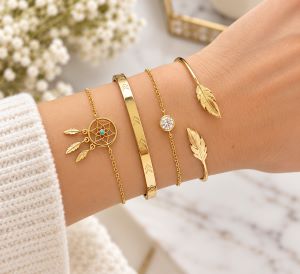 4Pcs Stone Pearl Bangle Bracelets Jewelry Set for Girls & Women 