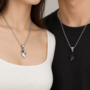 Black & Silver Magnetic Heart Pendant Necklace Set for Couples