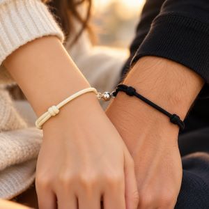 Black & Skin Adjustable Rope Magnetic Bracelets Set for Couples