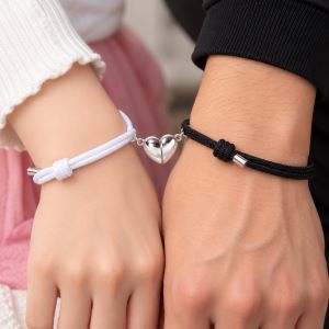 Cute Love Heart Magnetic Black & White Rope Bracelet for Girls 