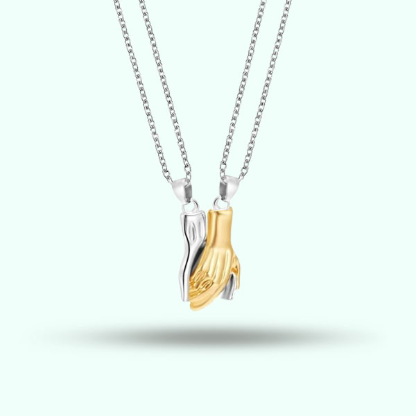 Magnetic Silver & Gold Plated Hand-in-Hand Couple Pendant Necklace