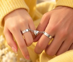Magnetic Heart Couple Rings Pair - Adjustable Stainless Steel Rings for Girls
