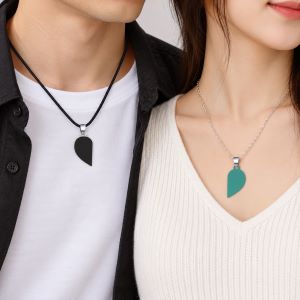 Magnetic Heart Pendant Necklaces in Black & Aqua for Couples