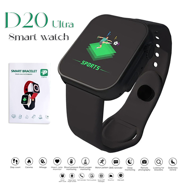 D20 Ultra Smart Watch Heart Rate, Blood Pressure,  Intelligent Smart Bracelet With Fitpro App (Black)