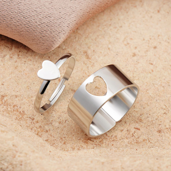 Silver Plated, Love Heart Shaped Matching Promise Rings - Adjustable Finger Rings for Friends & Couples.