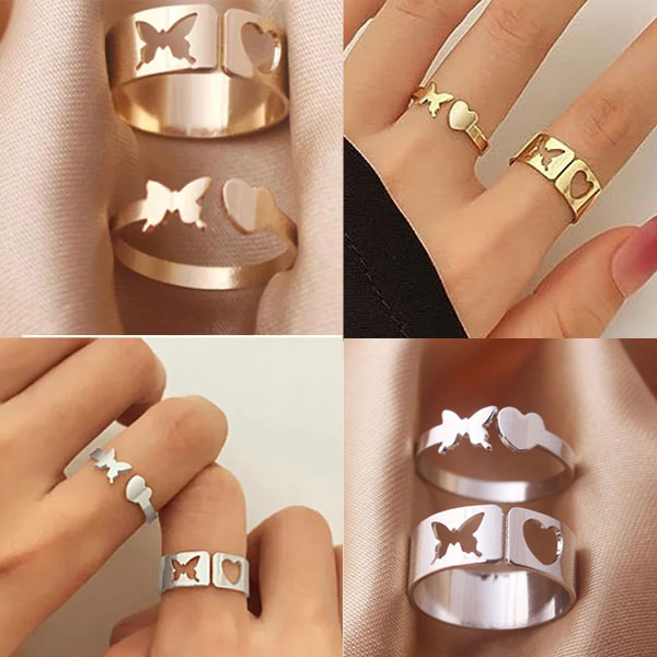 New Hip-hop Butterfly Heart Multi-layer Open Finger Rings- Adjustable Matching Rings Set for Women and Men