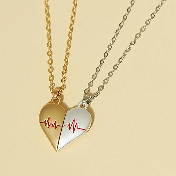 Trendy Silver and Gold Plated Magnetic Heart Pendant Necklaces- Creative Heartbeat Heart Pendant For Couples & Lovers