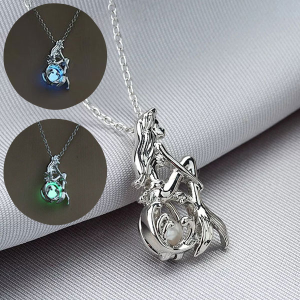 Beautiful Silver Color Mermaid Pendant For Girls and Women Glow in the Dark Necklace .